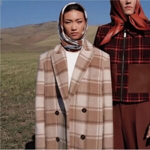 Was Him Tan France Designer Coat Beige Plaid Double Breasted Wool Blend XXL NEW